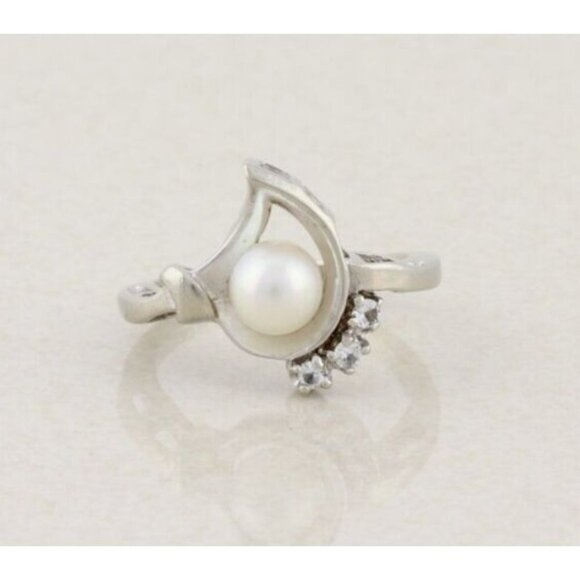 10k White Gold Freshwater Pearl & White Spinel Ring Size 5 - Picture 1 of 7